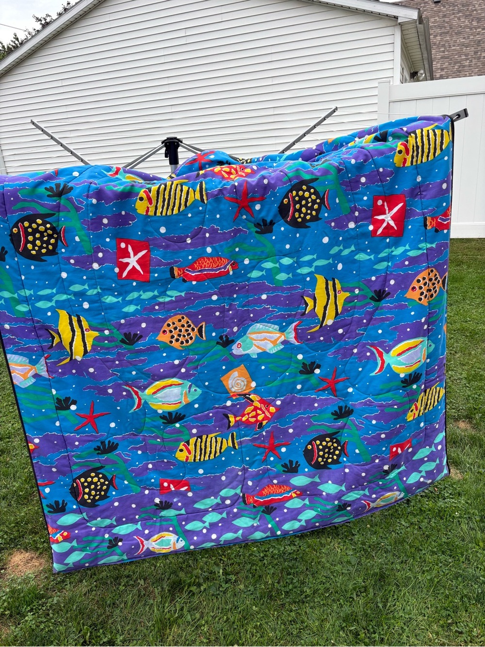 Vintage 1986 Vibrant Blue Tropical Fish Comforter by Cheryl Johnson